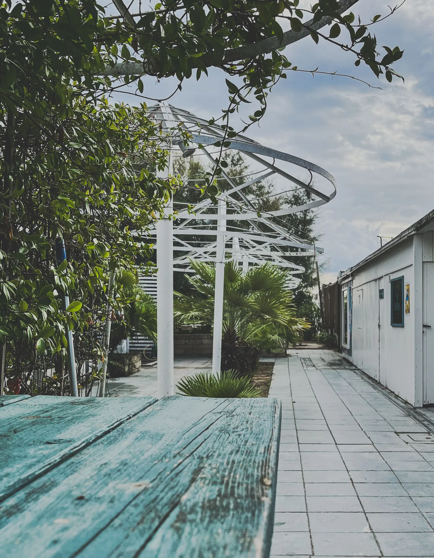 Open-air garden patio with a white pergola and lush greenery